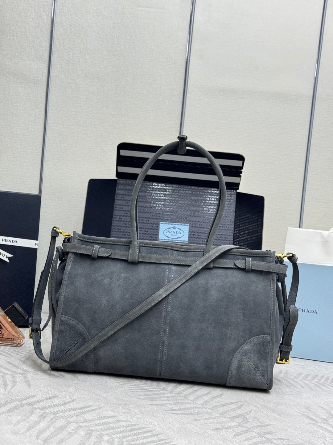PRADA 25S BONNIE LARGE HANDBAG 38 IN RK GRAY SUEDE GOLD HARDWRE
