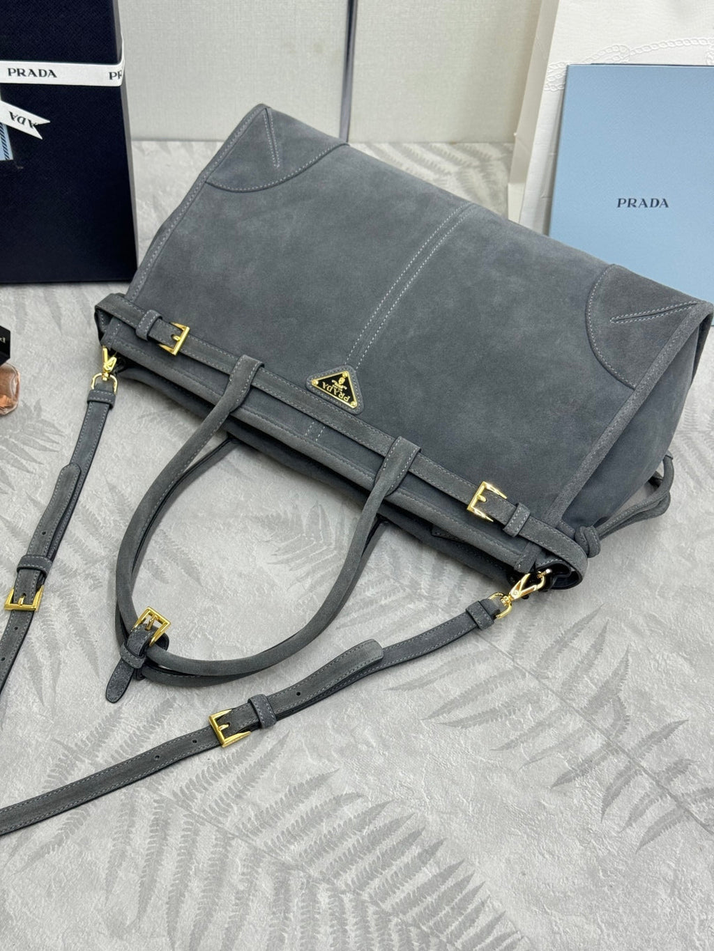PRADA 25S BONNIE LARGE HANDBAG 38 IN RK GRAY SUEDE GOLD HARDWARE