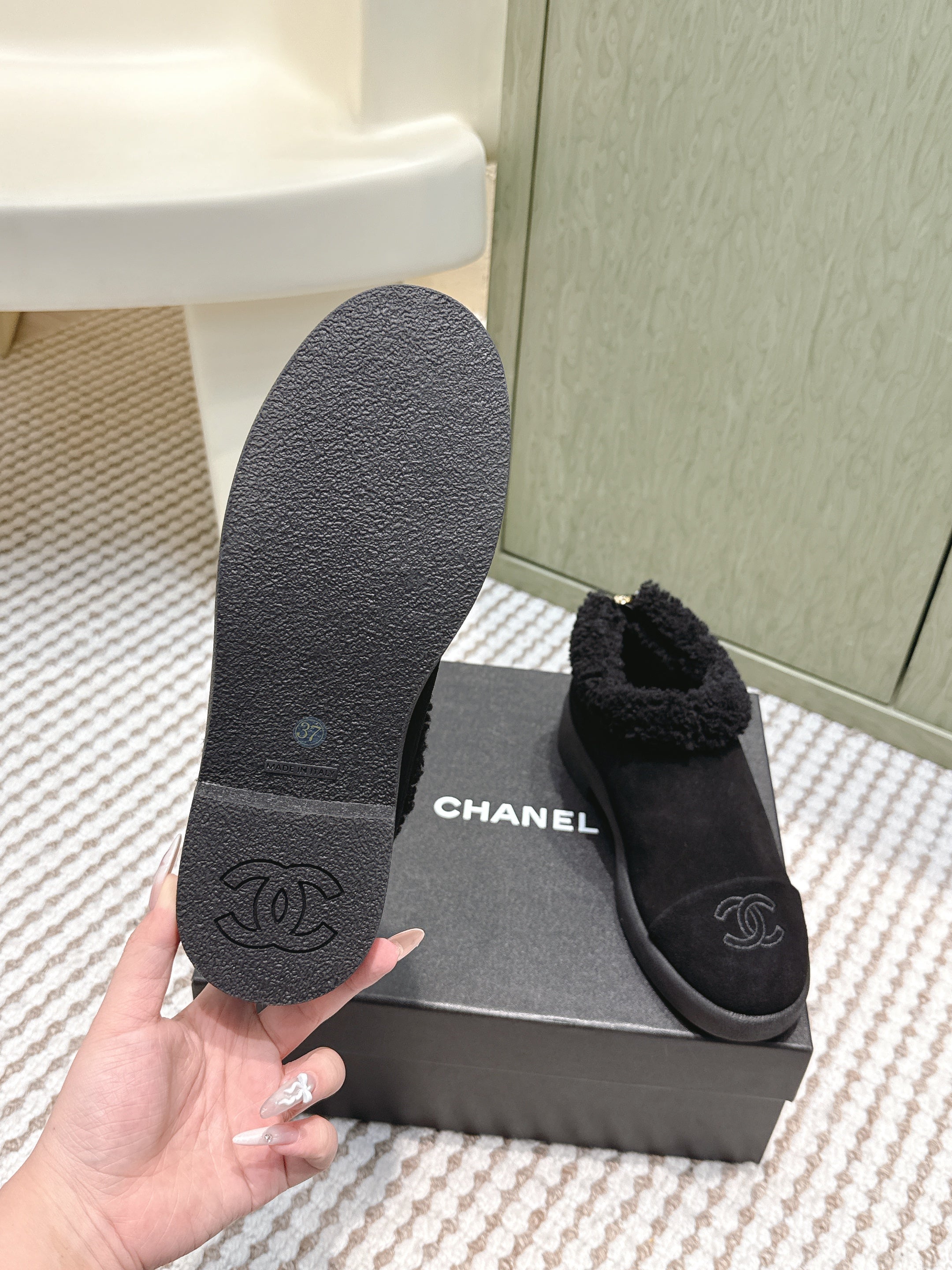 CHANEL 25S SHORT SUEDE BOOTS IN BLACK WITH SHEEPSKIN LINING