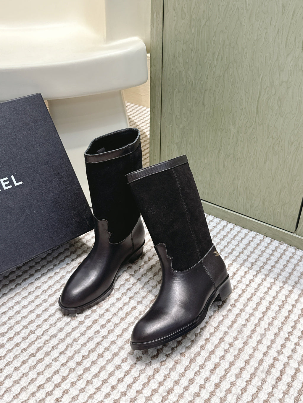 CHANEL 25S MID-CALF BOOTS IN BLACK SUEDE MIX CALFSKIN