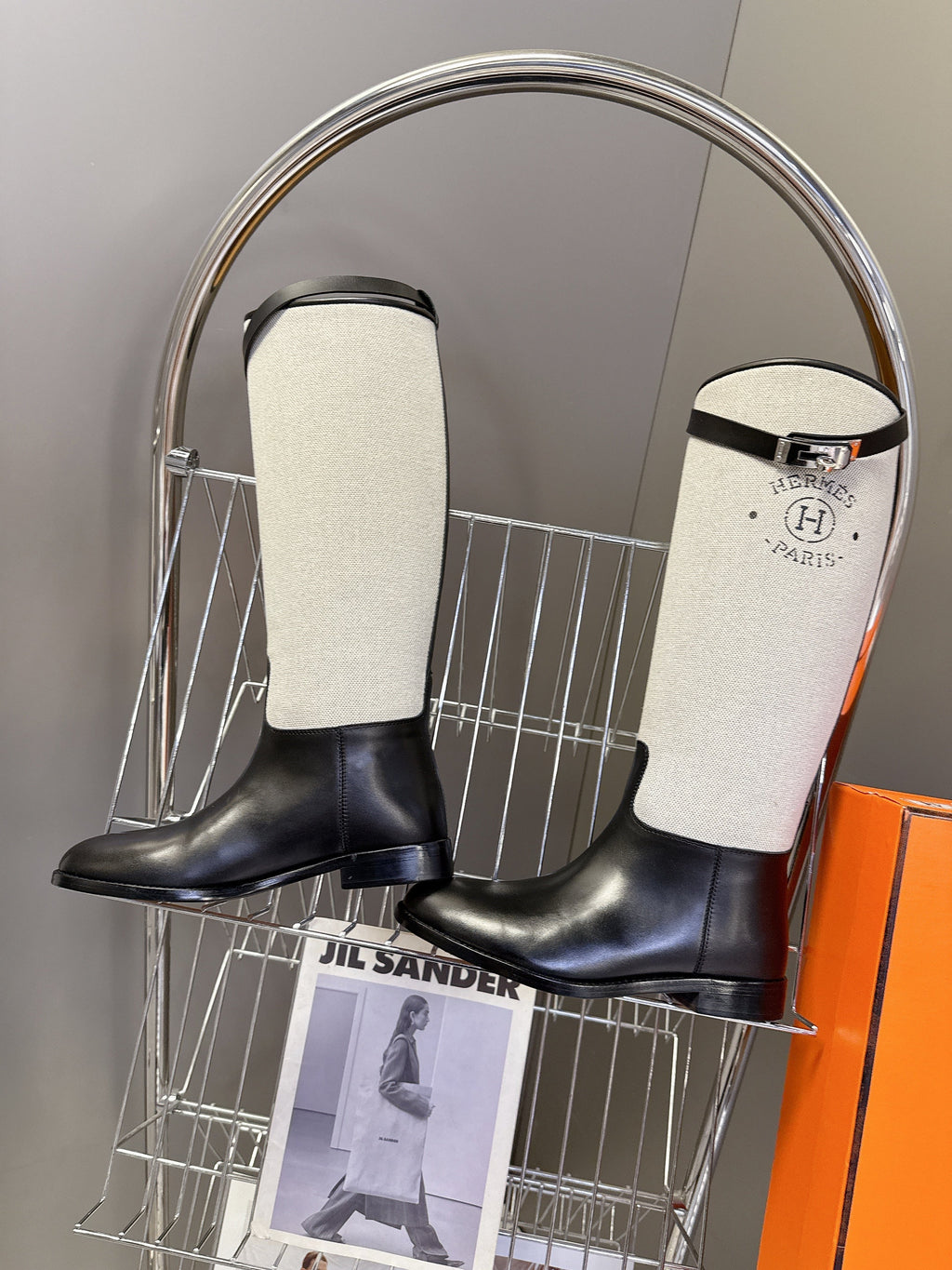 HERMES 25S JUMPING BOOT IN BLACK LAMBSKIN AND GREY CANVAS WITH SILVER HARDWARE