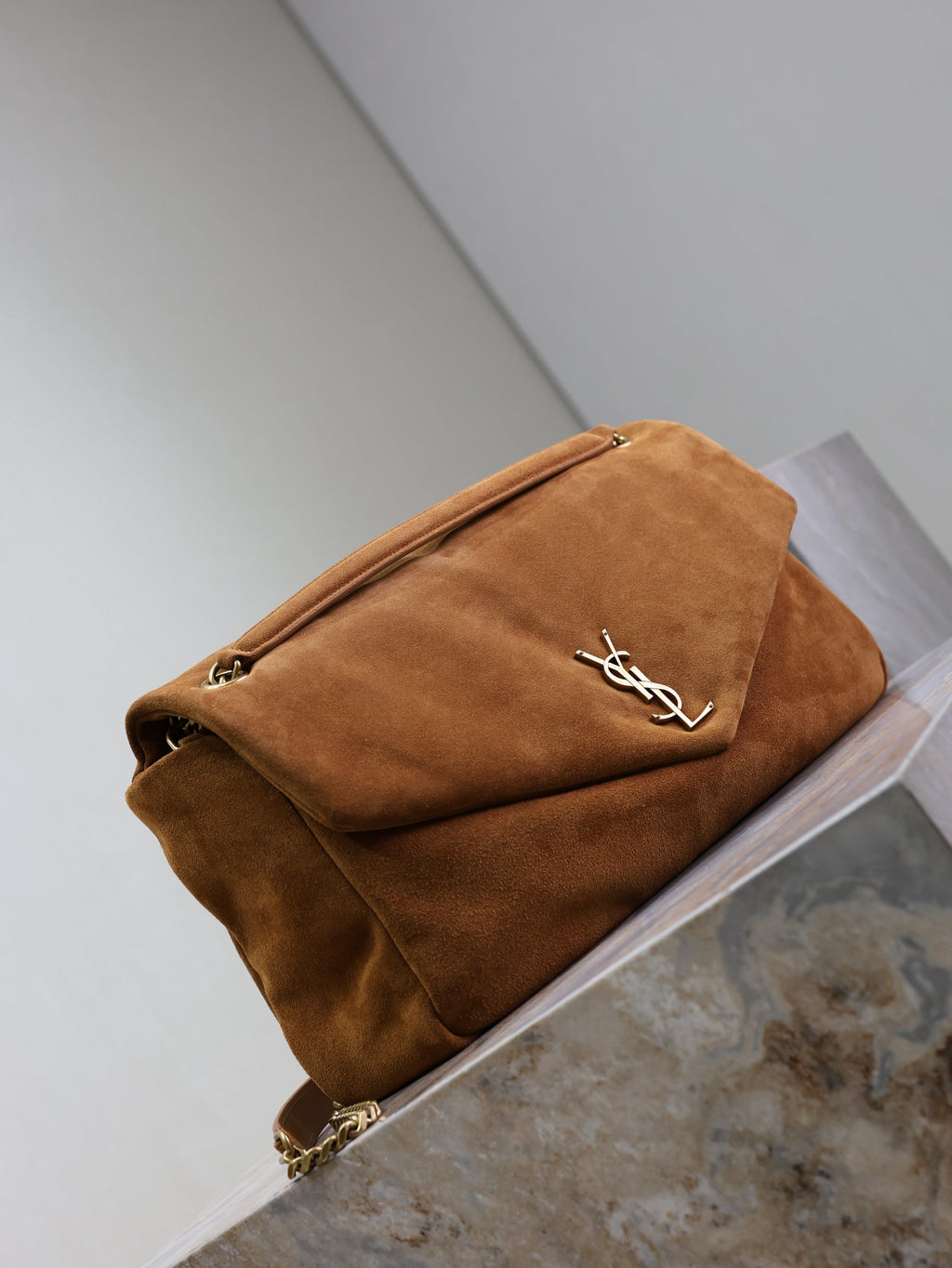 YSL 25S CALYPSO GM 38 IN DARK CARAMEL SUEDE GOLD HARDWRE