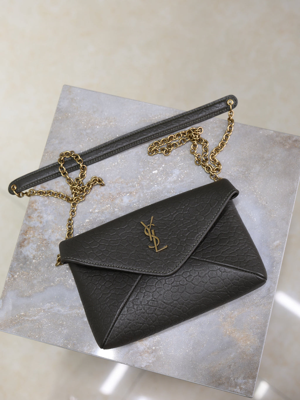 YSL 25S CALYPSO MINI 19 IN CHARCOAL GRAY LAMBSKIN GOLD HARDWARE