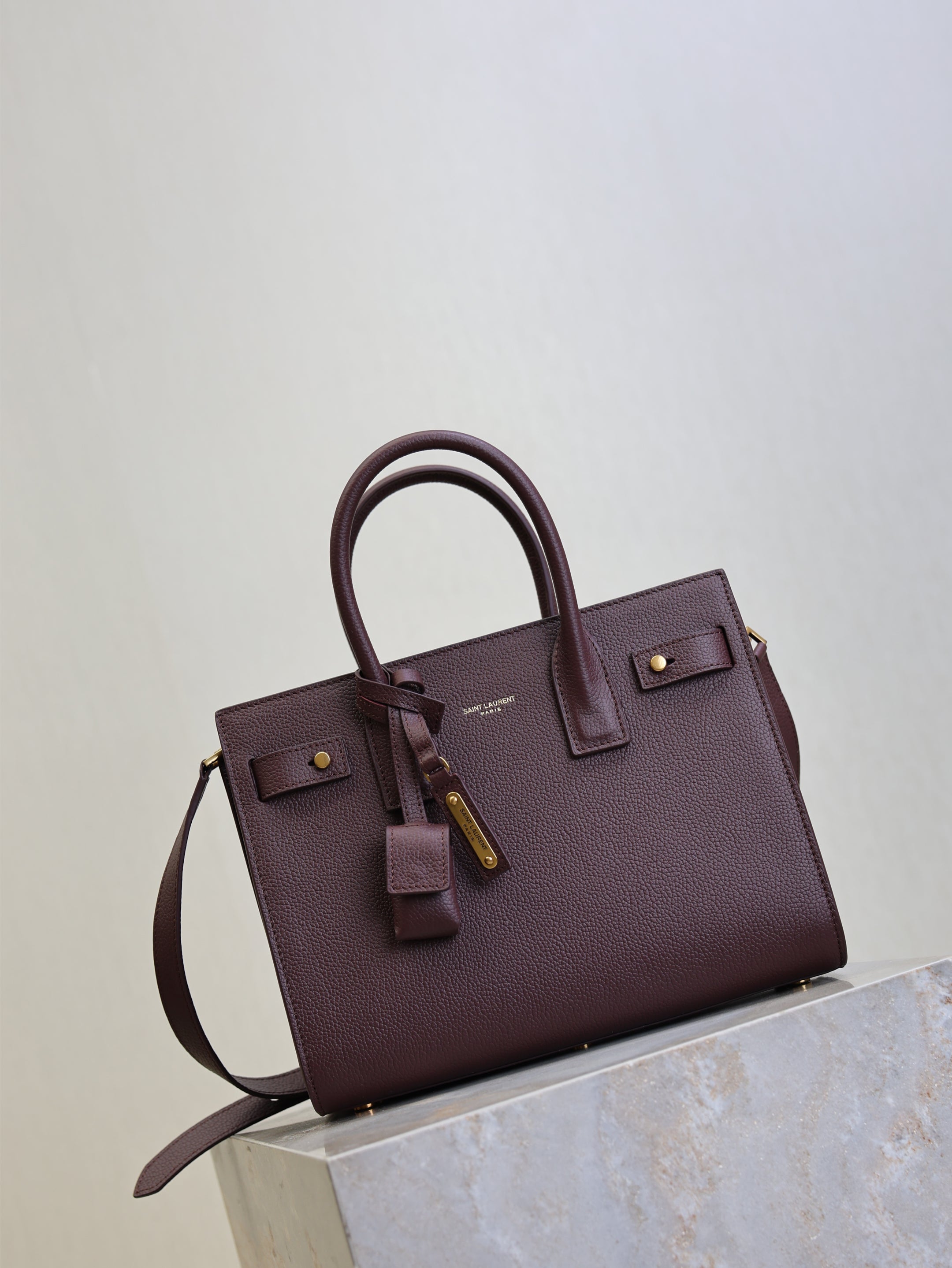YSL 25S SAC DE JOUR MM 26 IN ROUGE CABERNET SUPPLE GRAINED CALFSKIN
