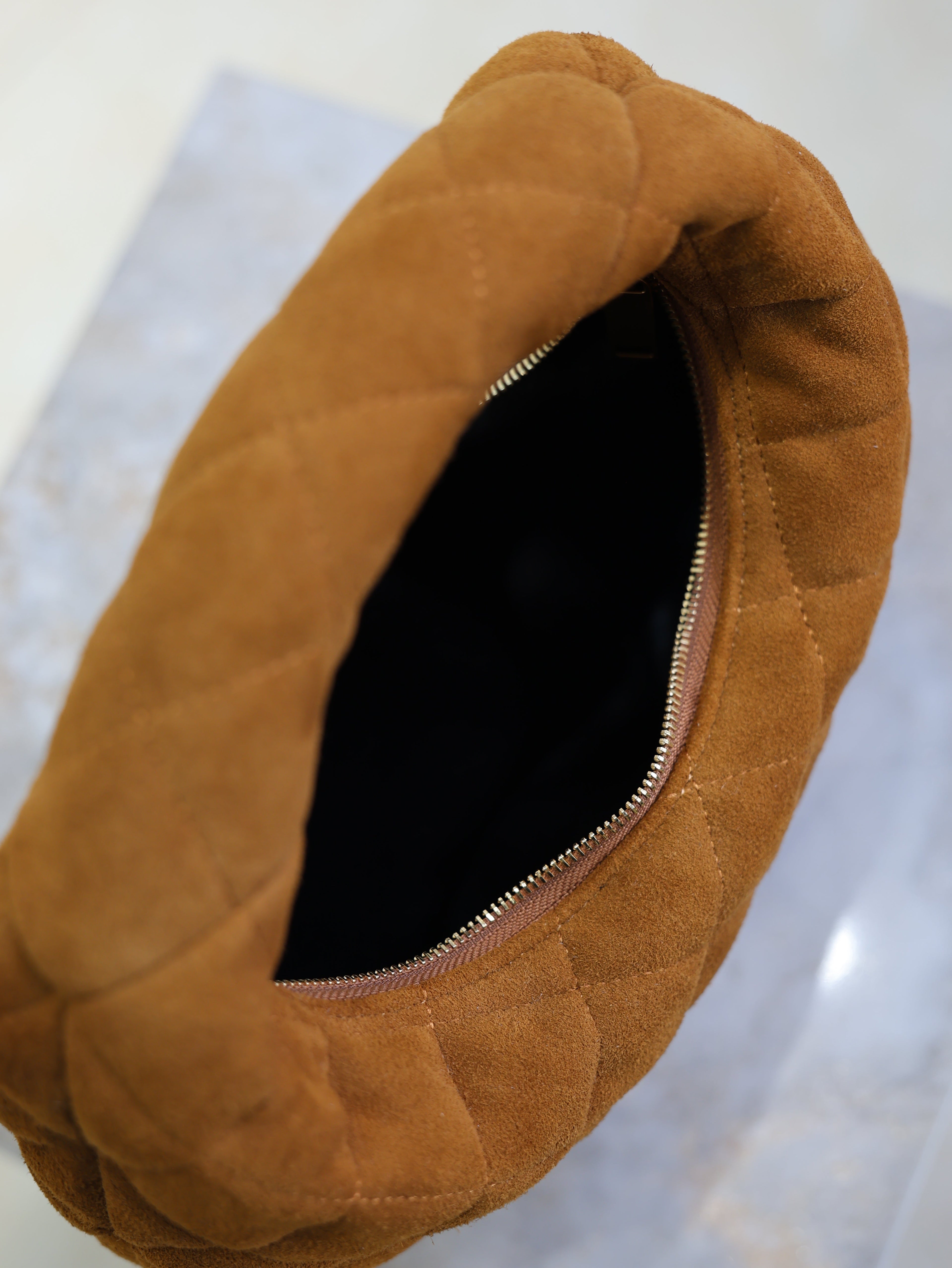 YSL 25S ICARINO MINI 17 IN CARAMEL QUILTED SUEDE GOLD HARDWRE