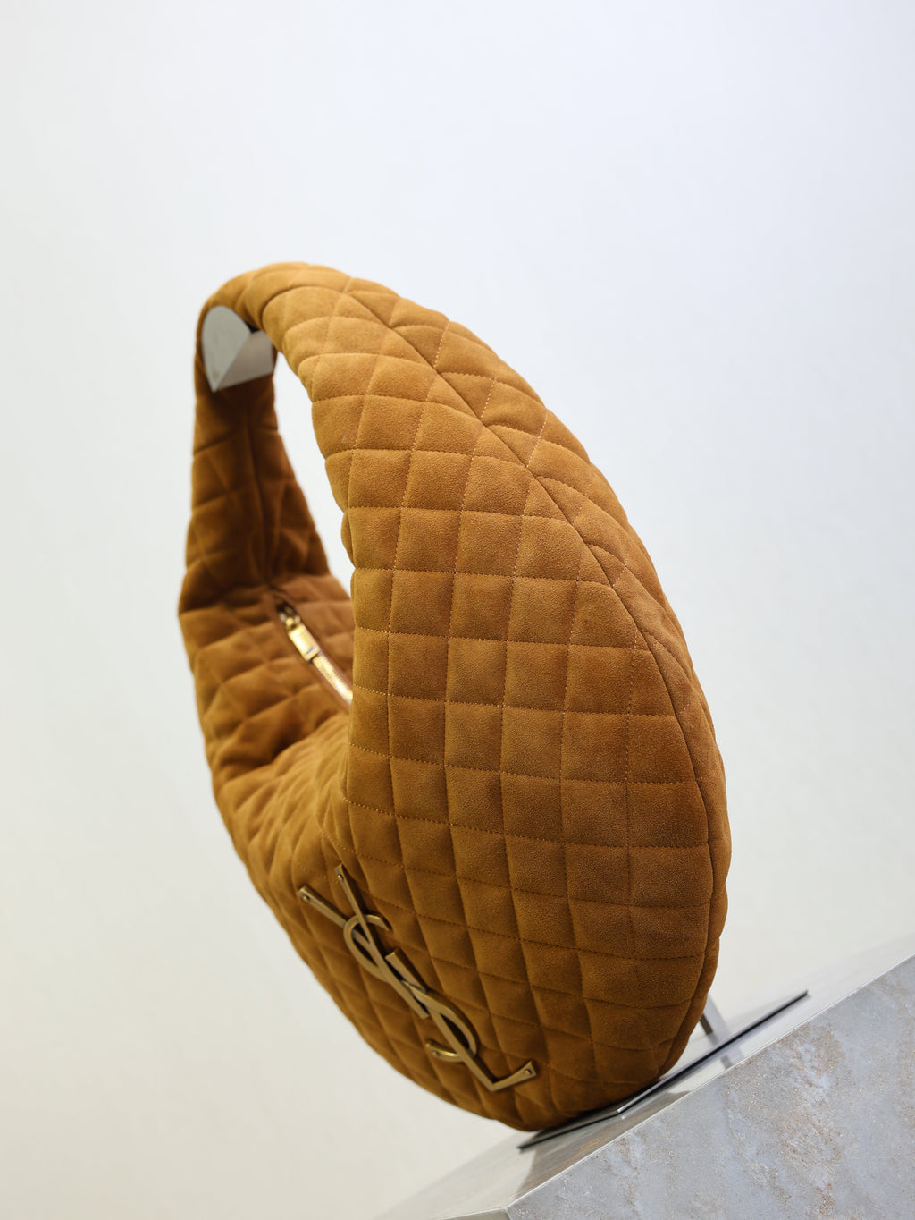 YSL 25S ICARINO 44 IN CARAMEL QUILTED SUEDE GOLD HARDWARE
