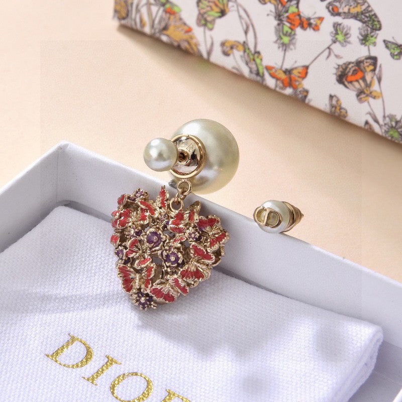 18K Dior Tribales Red Flower Heart Faux Pearl Earrings