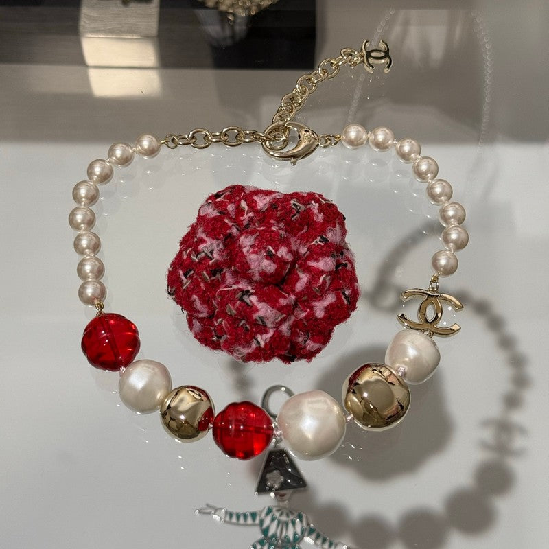18K  Chanel Red Crystal Pearl Choker Necklace