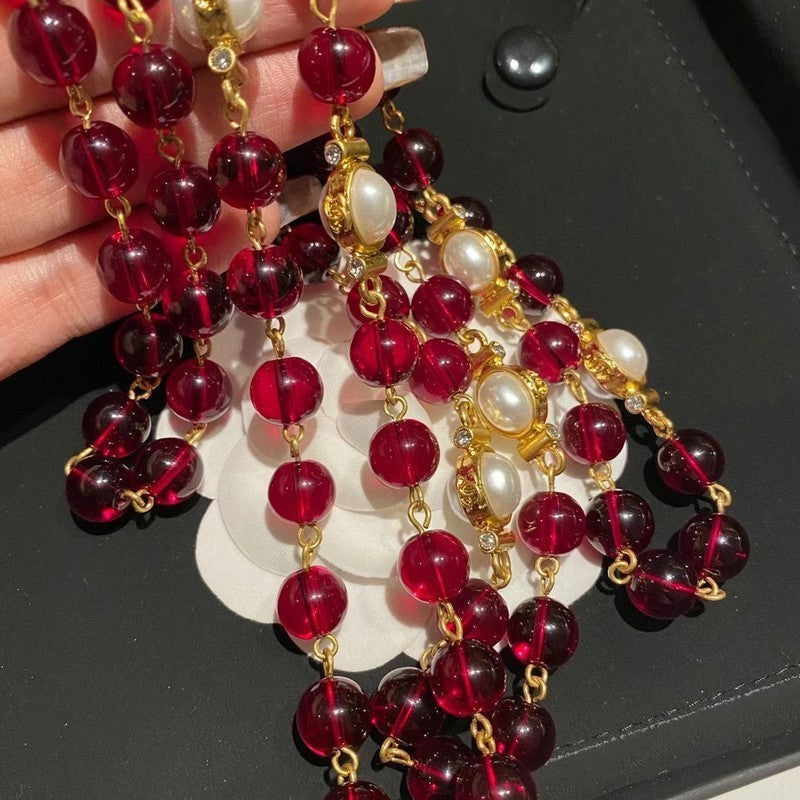 18K  Chanel Long Red & White Pearls Necklace
