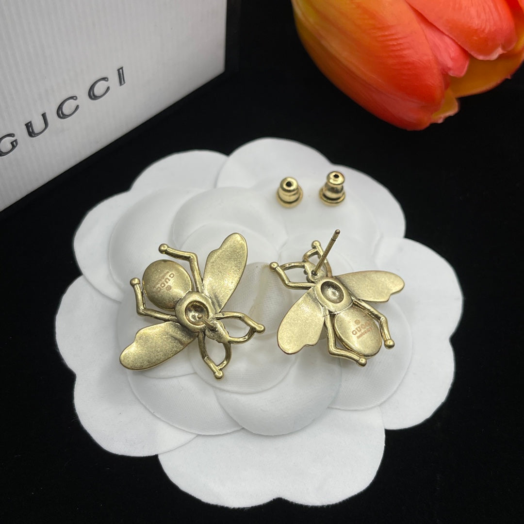 18K Double Gucci Bee Pearl Earrings