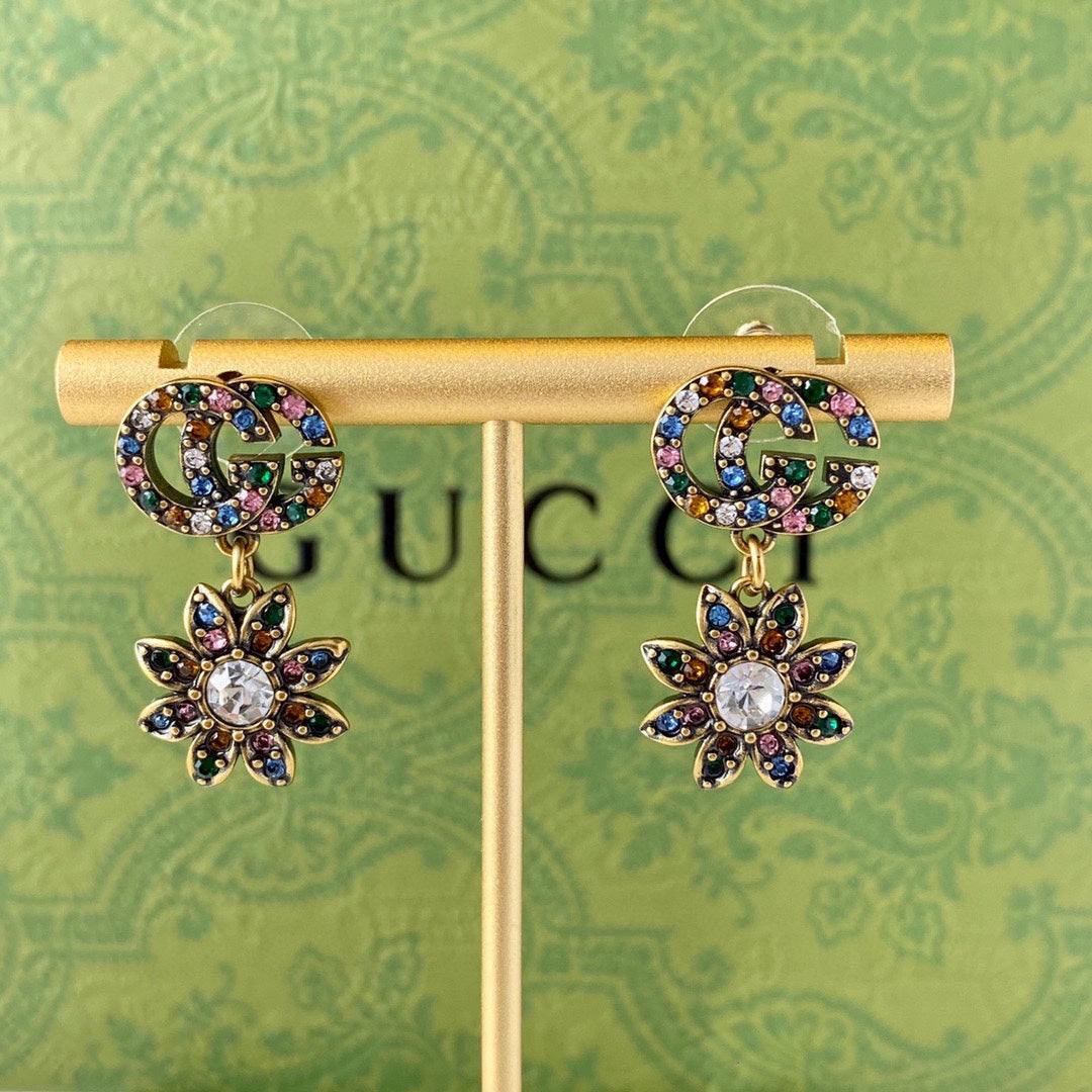 18K Double Gucci Flower Pendant Earrings
