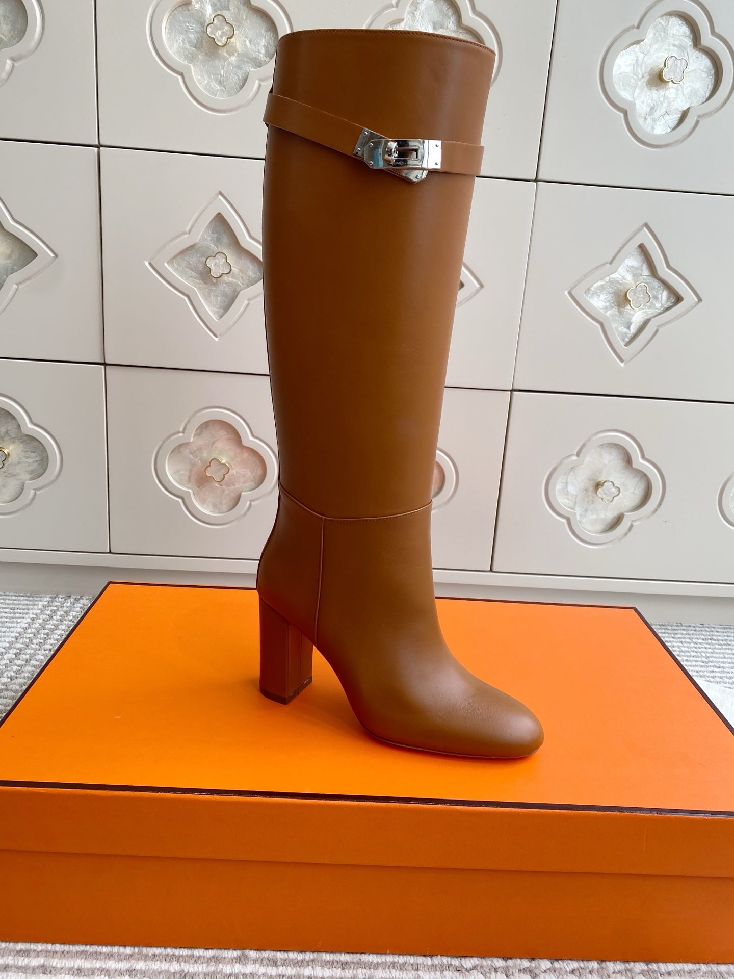 HERMES 25S TALL BOOTS 90 MM IN BROWN LAMBSKIN WITH SILVER HARDWARE