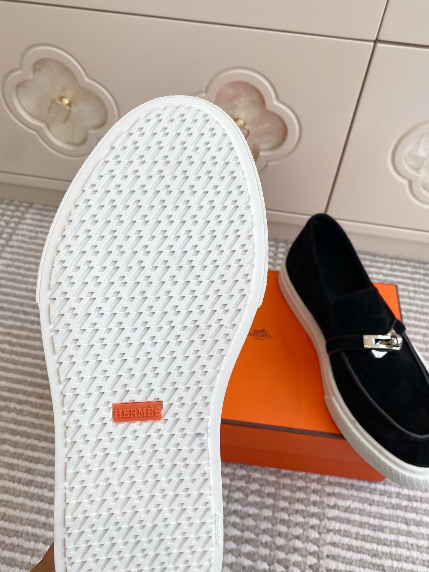 HERMES 25S SLIP-ON IN BLACK SUEDE WITH SILVER HARDWARE