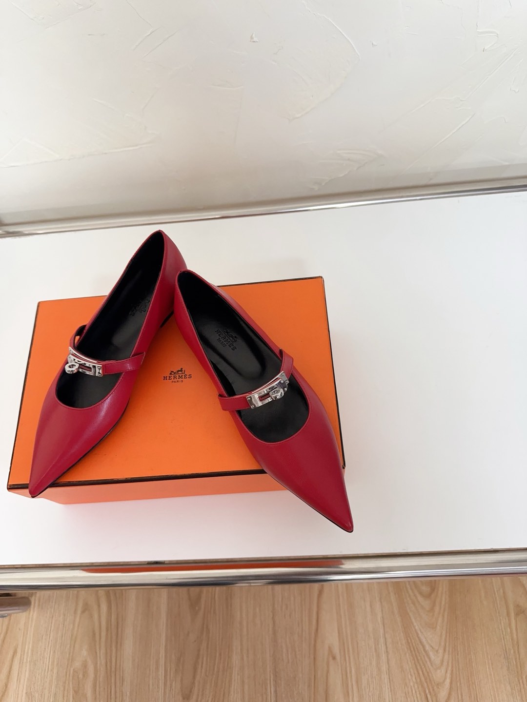 HERMES KIARA FLAT PUMP IN RUBY RED CALFSKIN