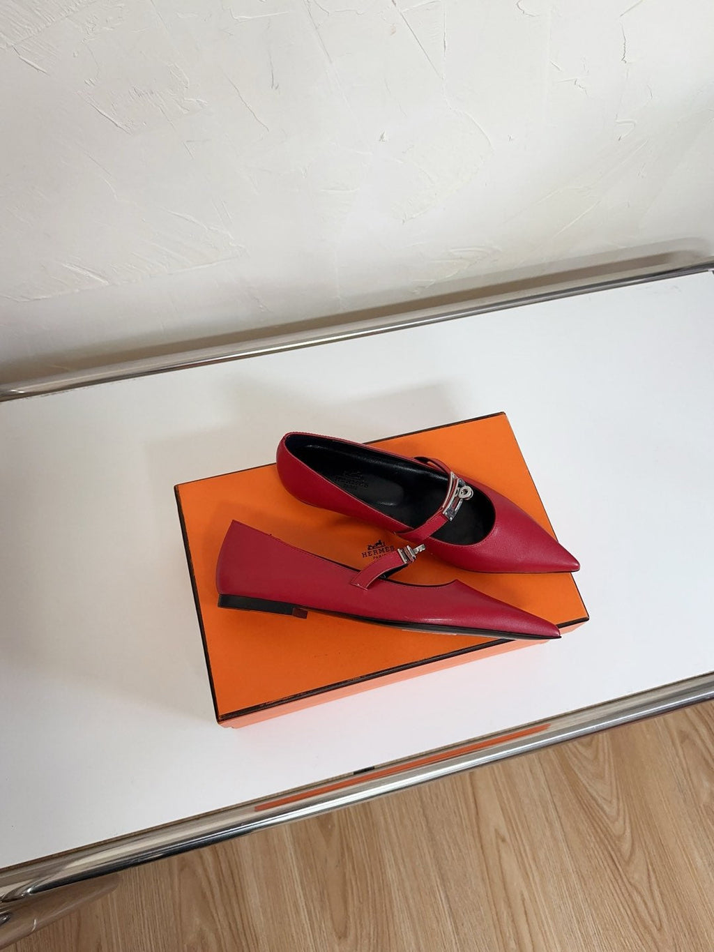 HERMES KIARA FLAT PUMP IN RUBY RED CALFSKIN