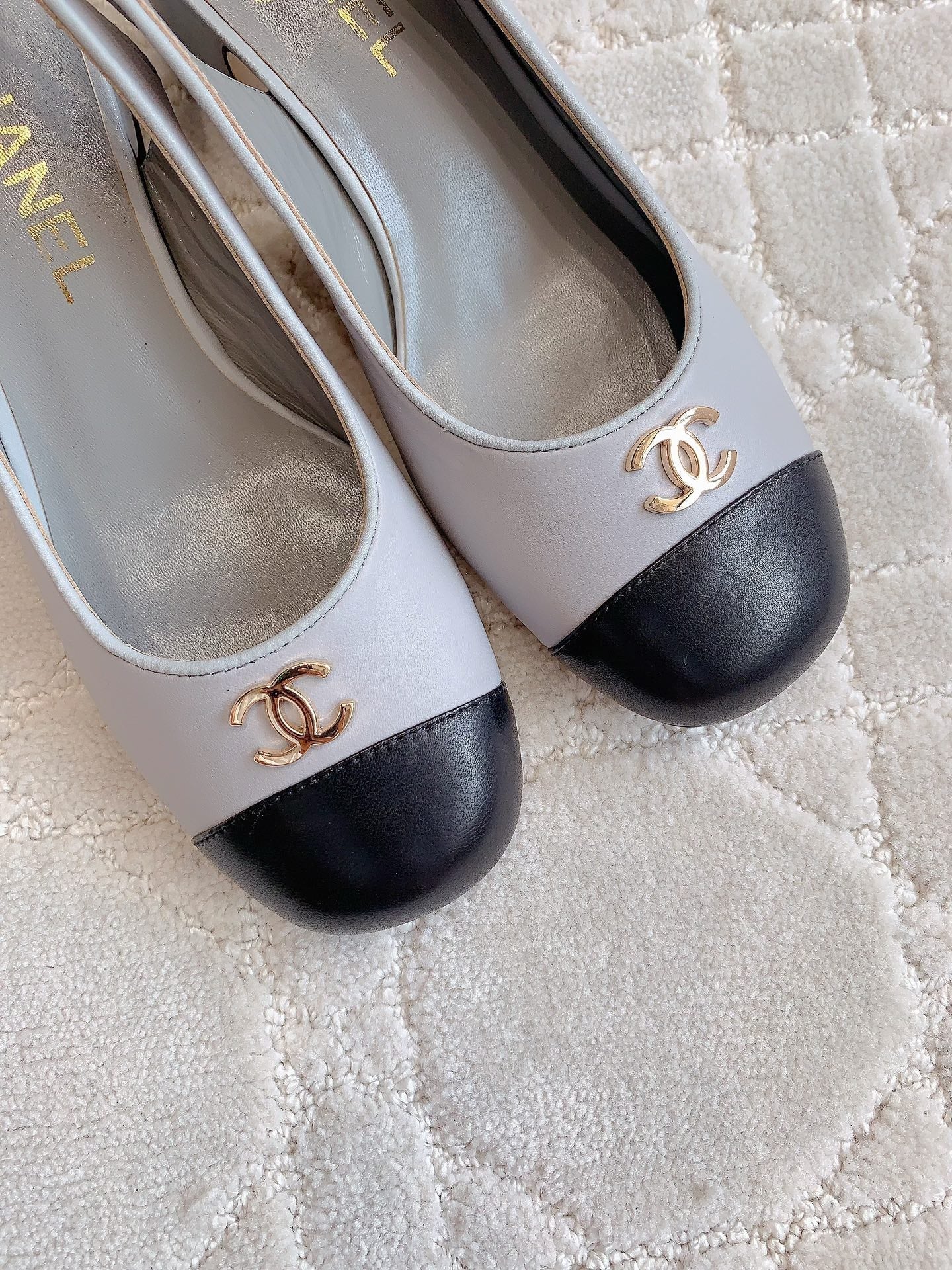 CHANEL SLINGBACKS IN SLATE GREY MIX BLACK SHEEPSKIN