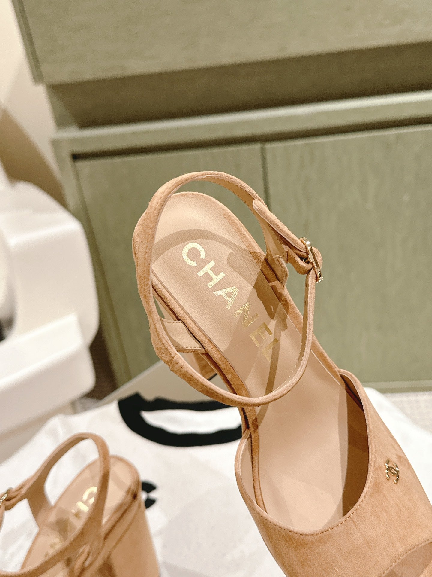 CHANEL HIGH SANDAL PEACH PINK SUEDE CALFSKIN