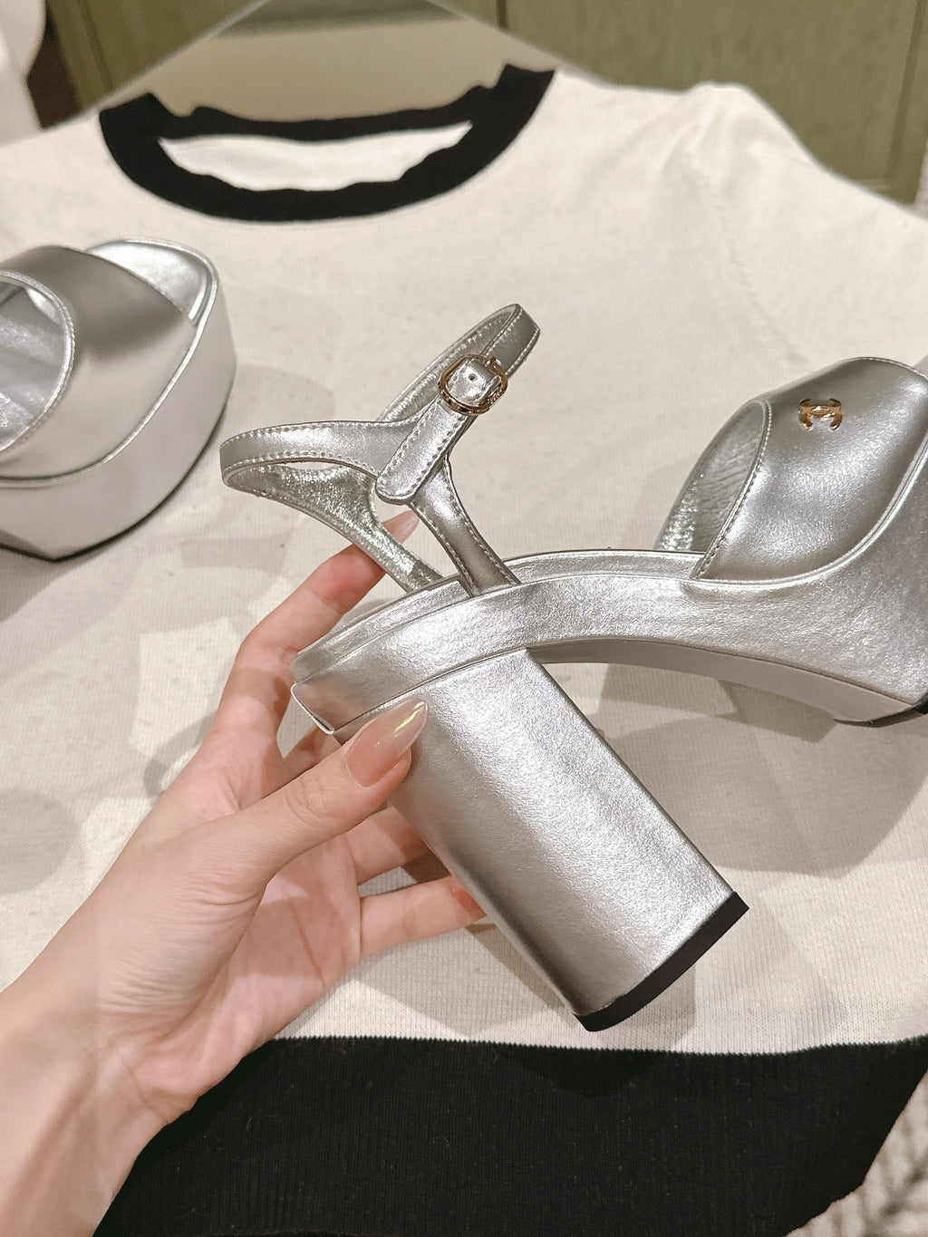 CHANEL HIGH SANDAL SILVER CALFSKIN