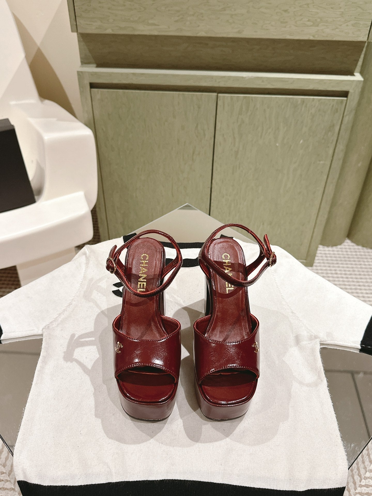 CHANEL HIGH SANDAL WINE RED CALFSKIN