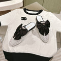 CHANEL JEWELED MULE WITH SILK BLACK BOW IN WHITE LAMBSKIN