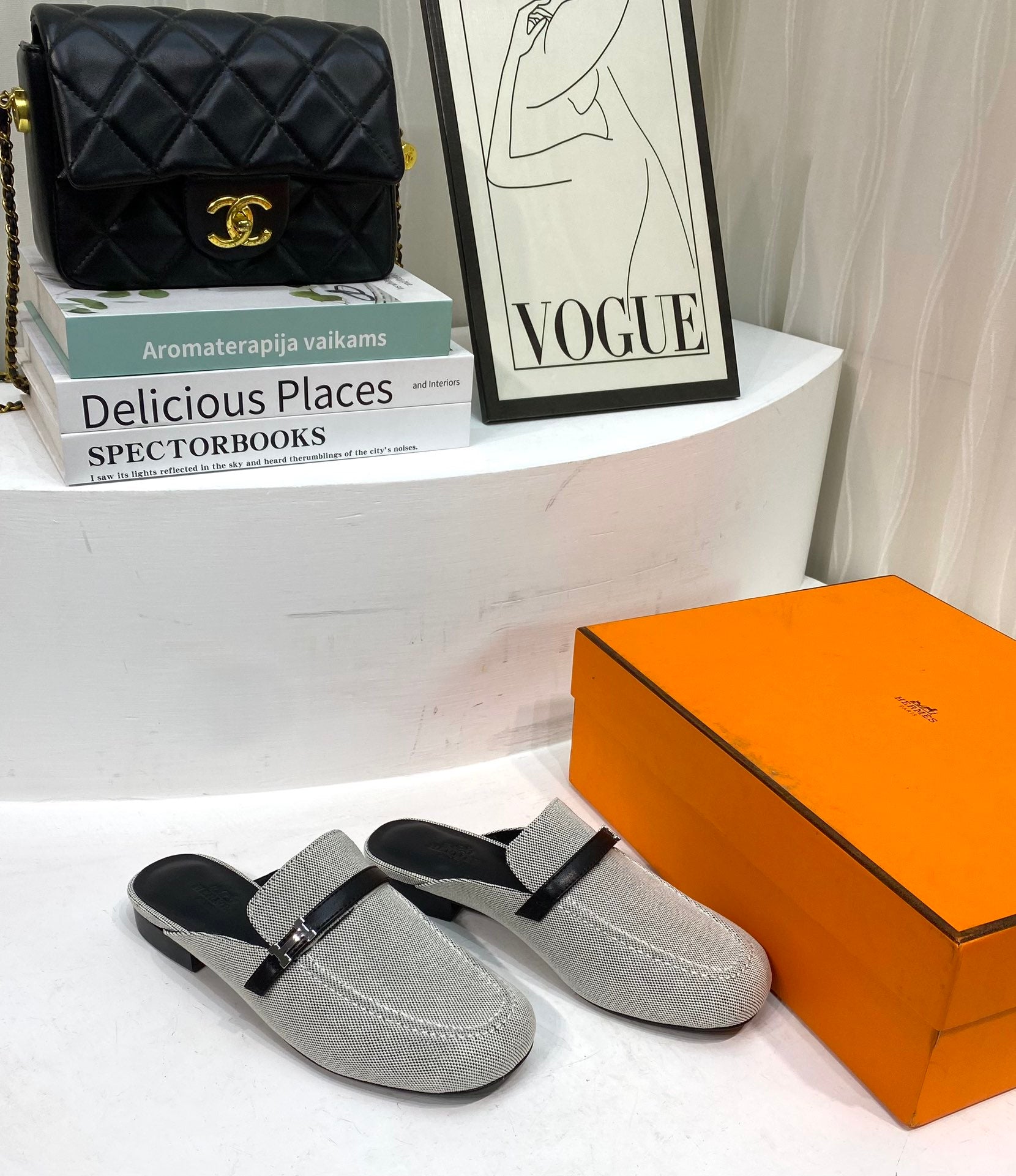 HERMES IENA MULE  GRAY CANVAS AND BLACK CALFSKIN