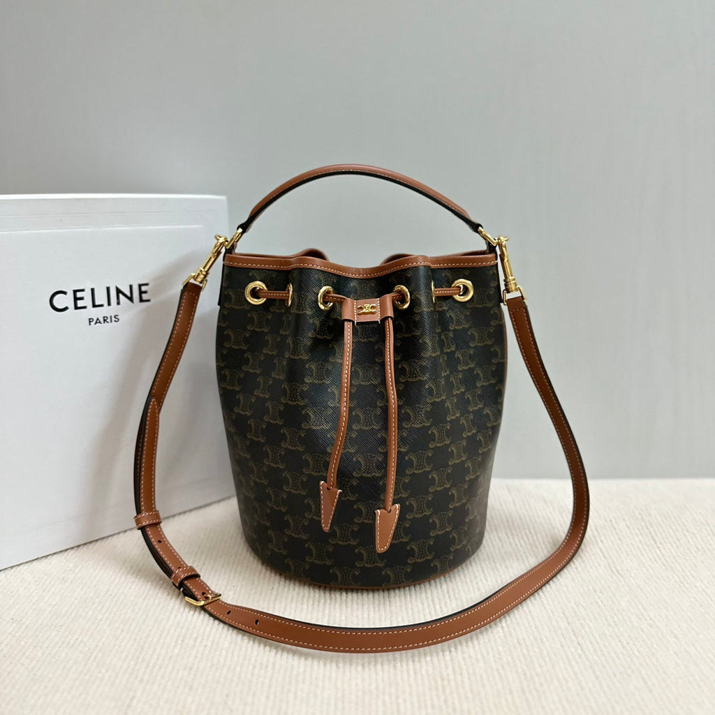 CELINE CLARA BAG 24 IN BLACK TRIOMPHE CANVAS AND BROWN CALFSKIN TRIM