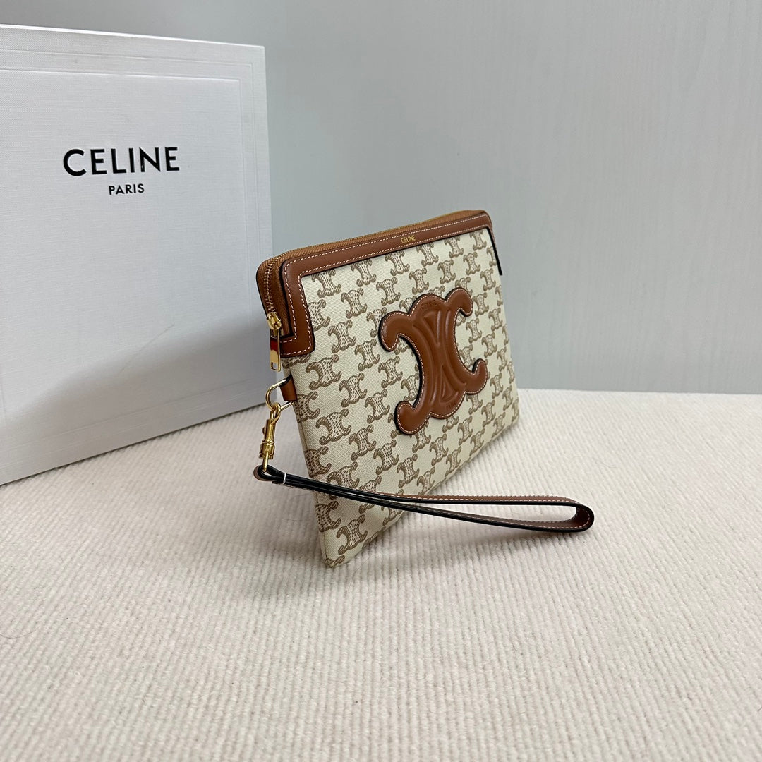 CELINE SMALL POUCH 25 IN BEIGE TRIOMPHE TEXTILE AND BROWN CALFSKIN
