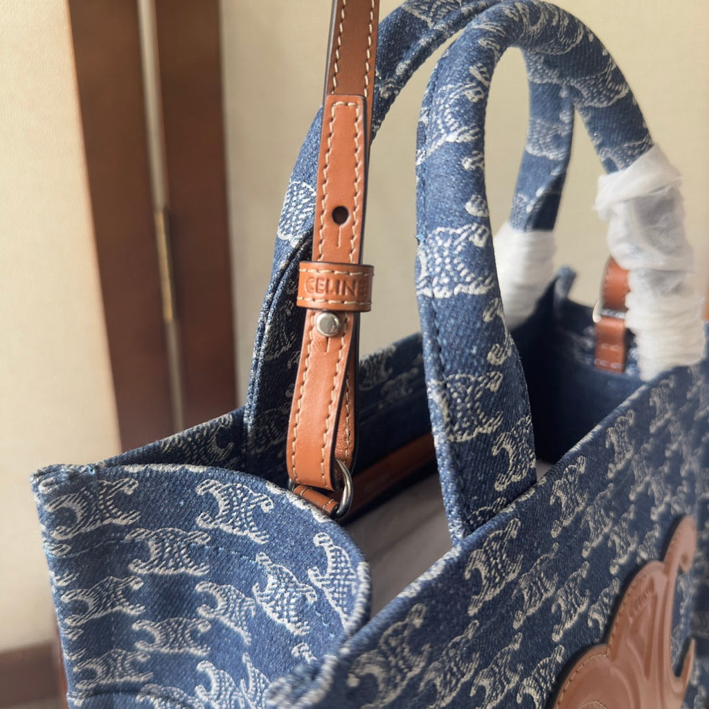 CELINE SMALL CABAS THAIS 25 IN BAYOUX BLUE TRIOMPHE DENIM AND BRONZE BROWN CALFSKIN