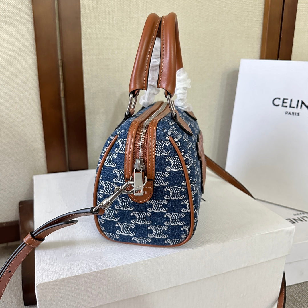 CELINE SMALL BOSTON 19 IN SPACE BLUE TRIOMPHE DENIM AND BROWN CALFSKIN TRIM