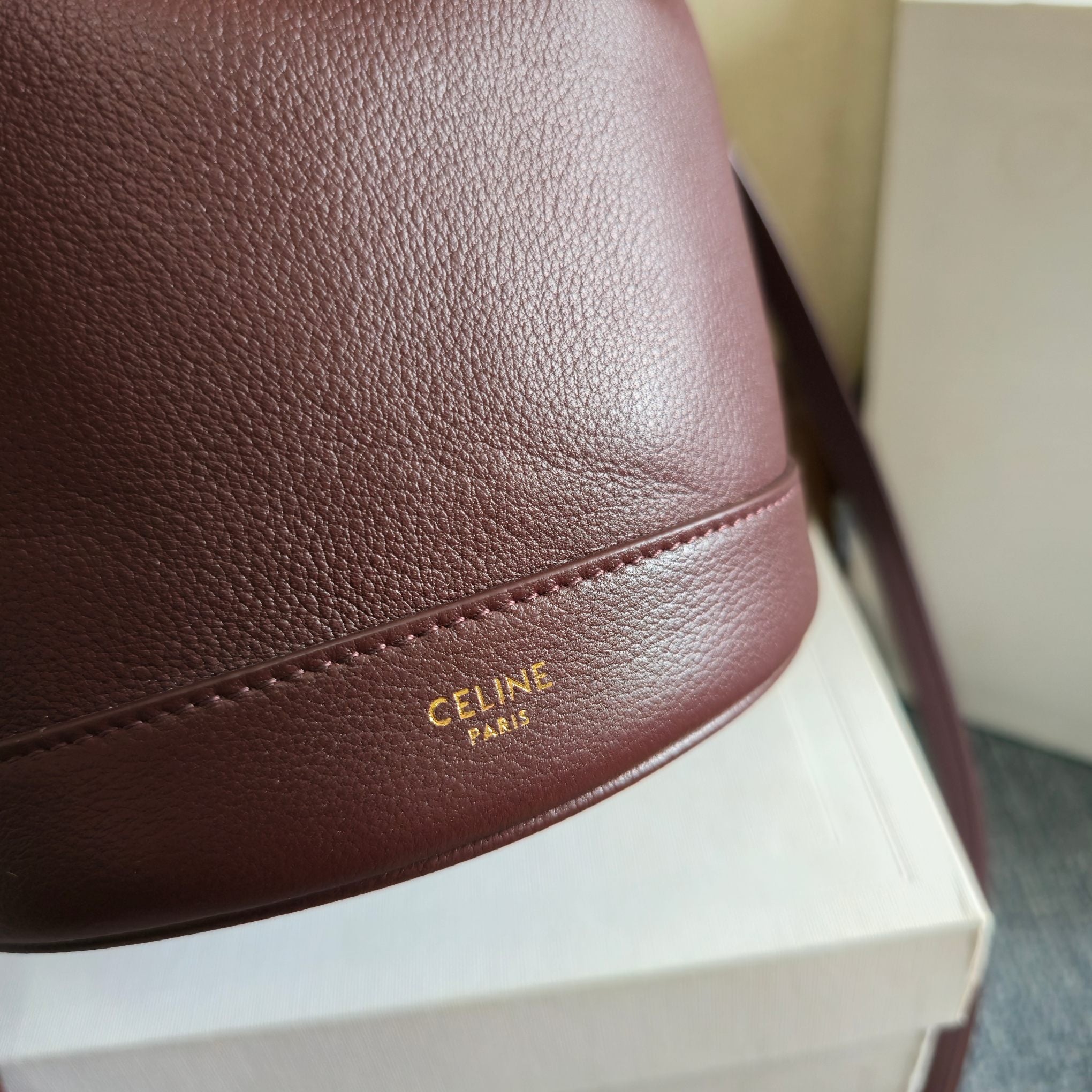 CELINE 25S CLARA BAG 19 IN SYRAH RED CALFSKIN GOLD HARDWARE