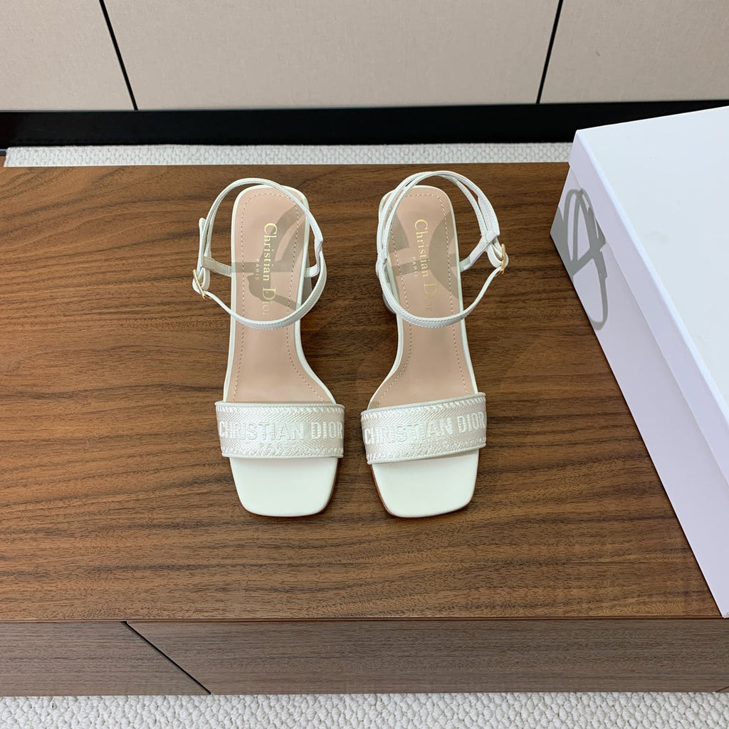 DIOR HIGH HEEL EMBROIDERED SANDAL IN WHITE CALFSKIN AND WOVEN STRAPS
