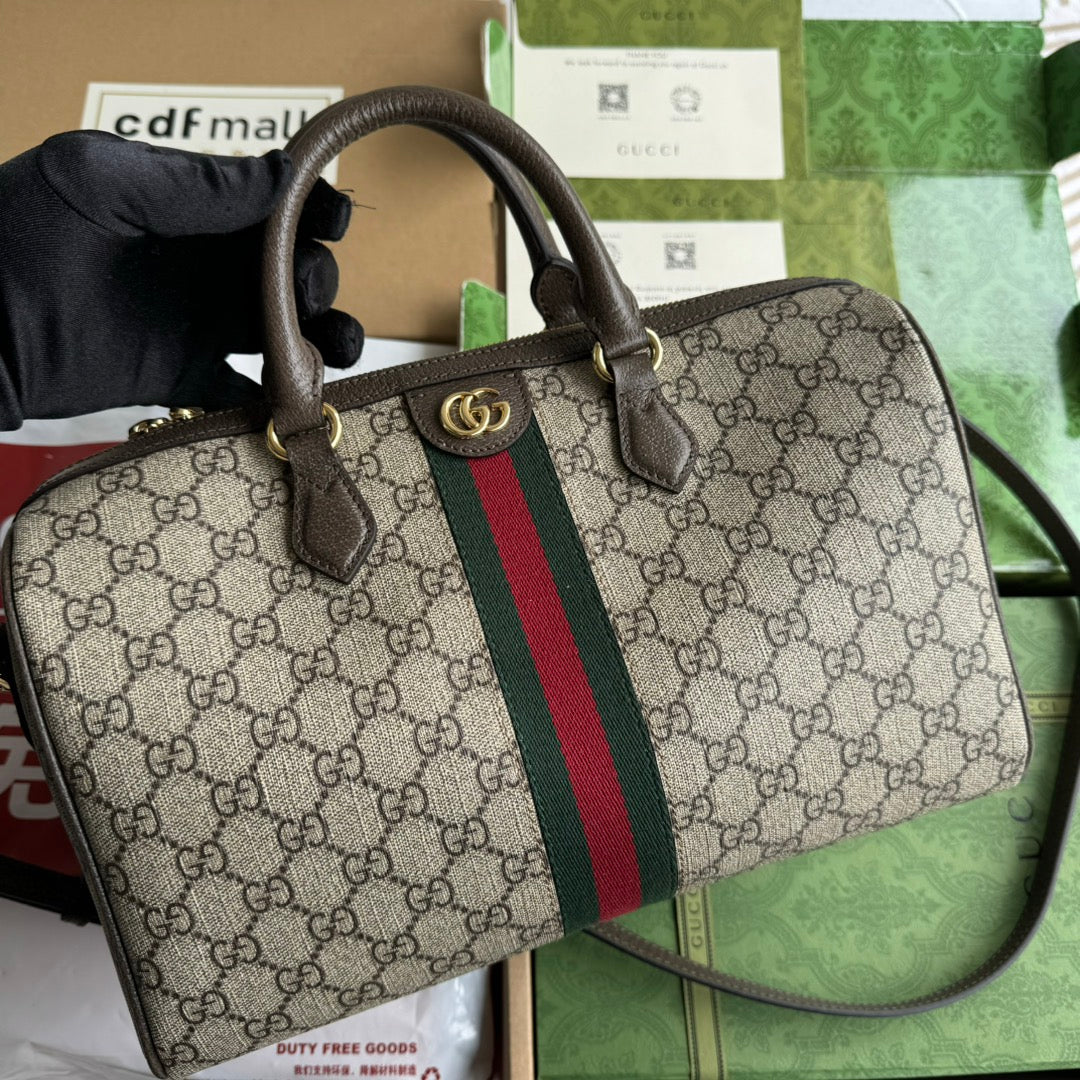 GUCCI OPHIDIA LARGE BOSTON BAG 31 IN BEIGE EBONY  BROWN CALFSKIN TRIM