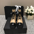 CHANEL SHORT BOOTS  BEIGE CREAM MIX BLACK SUEDE LAMBSKIN