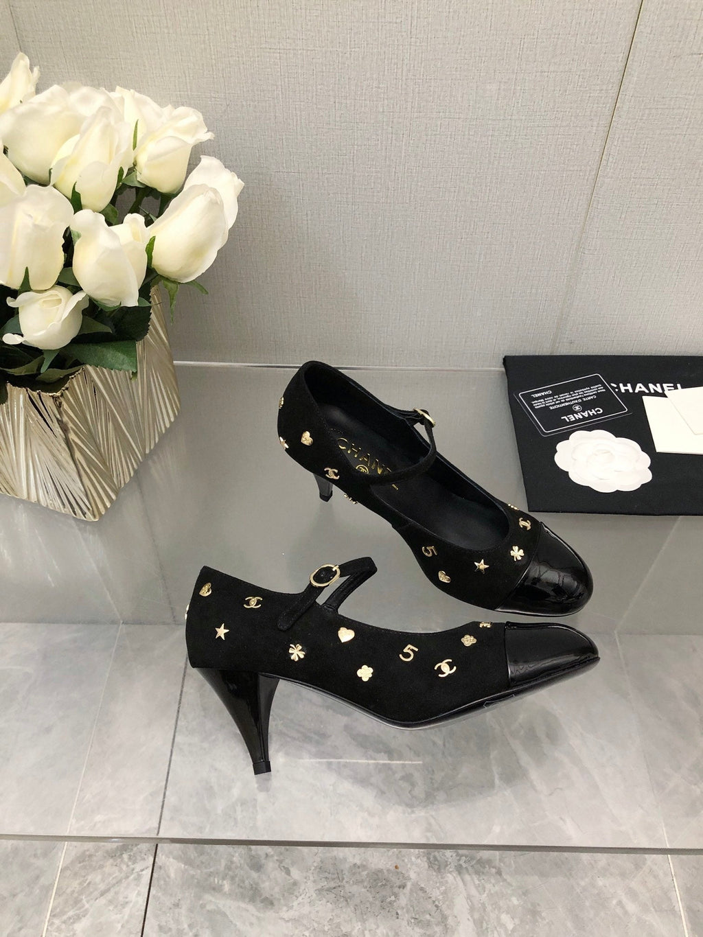 CHANEL MARY JANE BLACK SUEDE AND LAMBSKIN ATTACH METAL