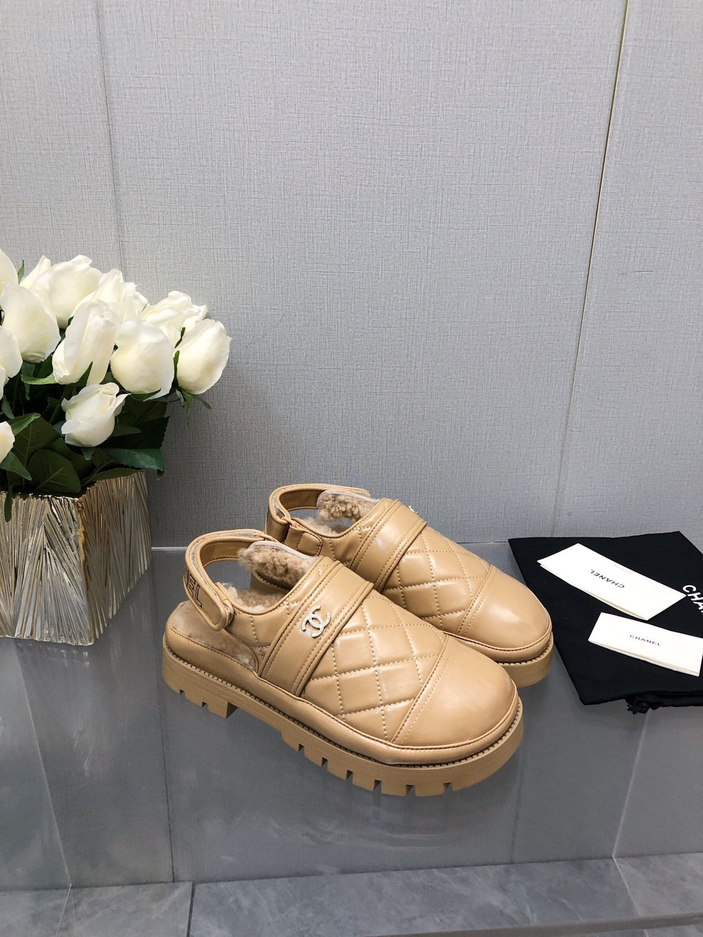 CHANEL CHUNKY PLATFORM SHEARLING SLIPPER BEIGE CREAM LAMBSKIN