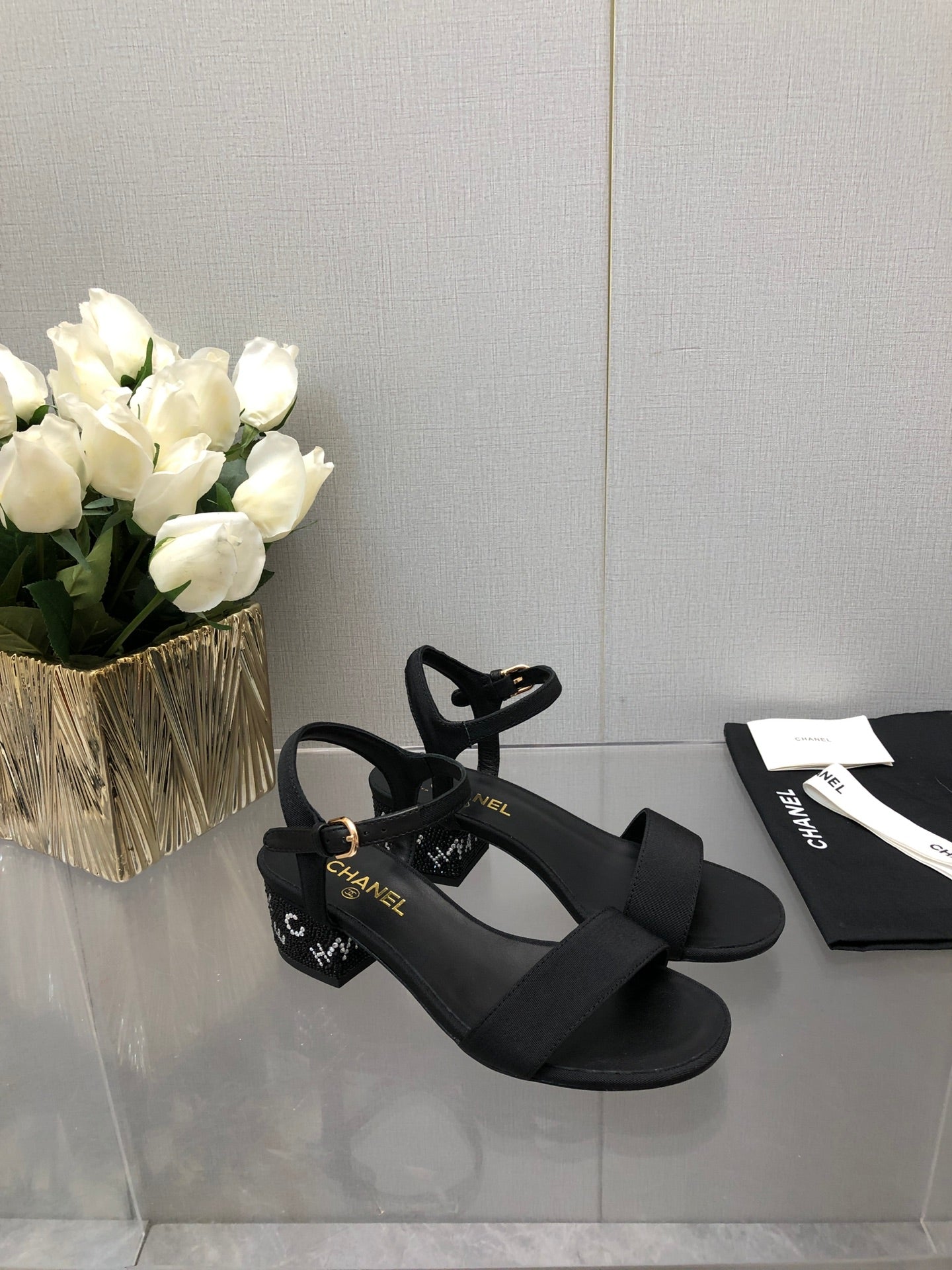 CHANEL BLOCK HEEL WITH CRYSTAL 5 CM SANDAL IN BLACK FABRIC