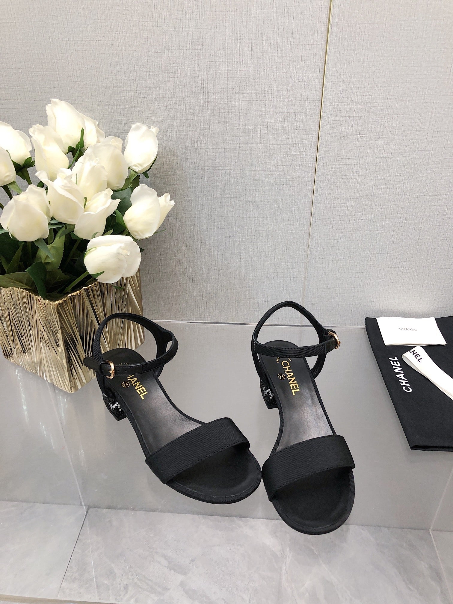 CHANEL BLOCK HEEL WITH CRYSTAL 5 CM SANDAL IN BLACK FABRIC