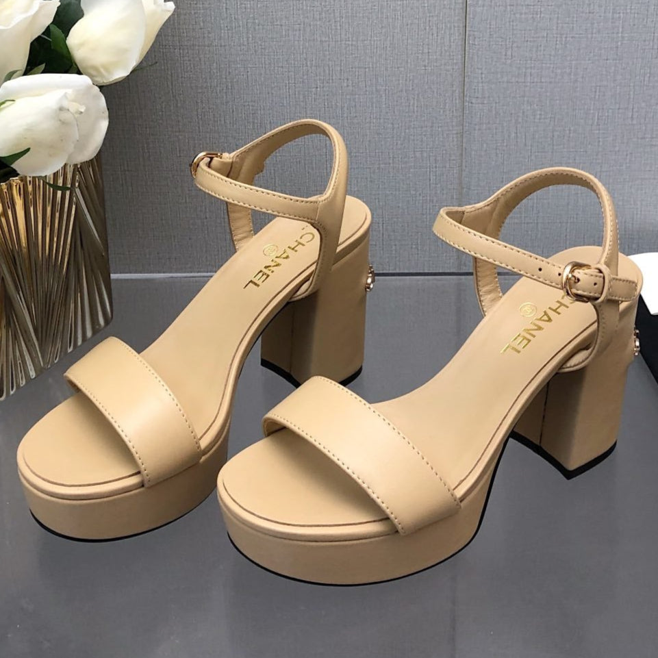 CHANEL BLOCK HEEL 9 CM SANDAL IN SAND BROWN LAMBSKIN