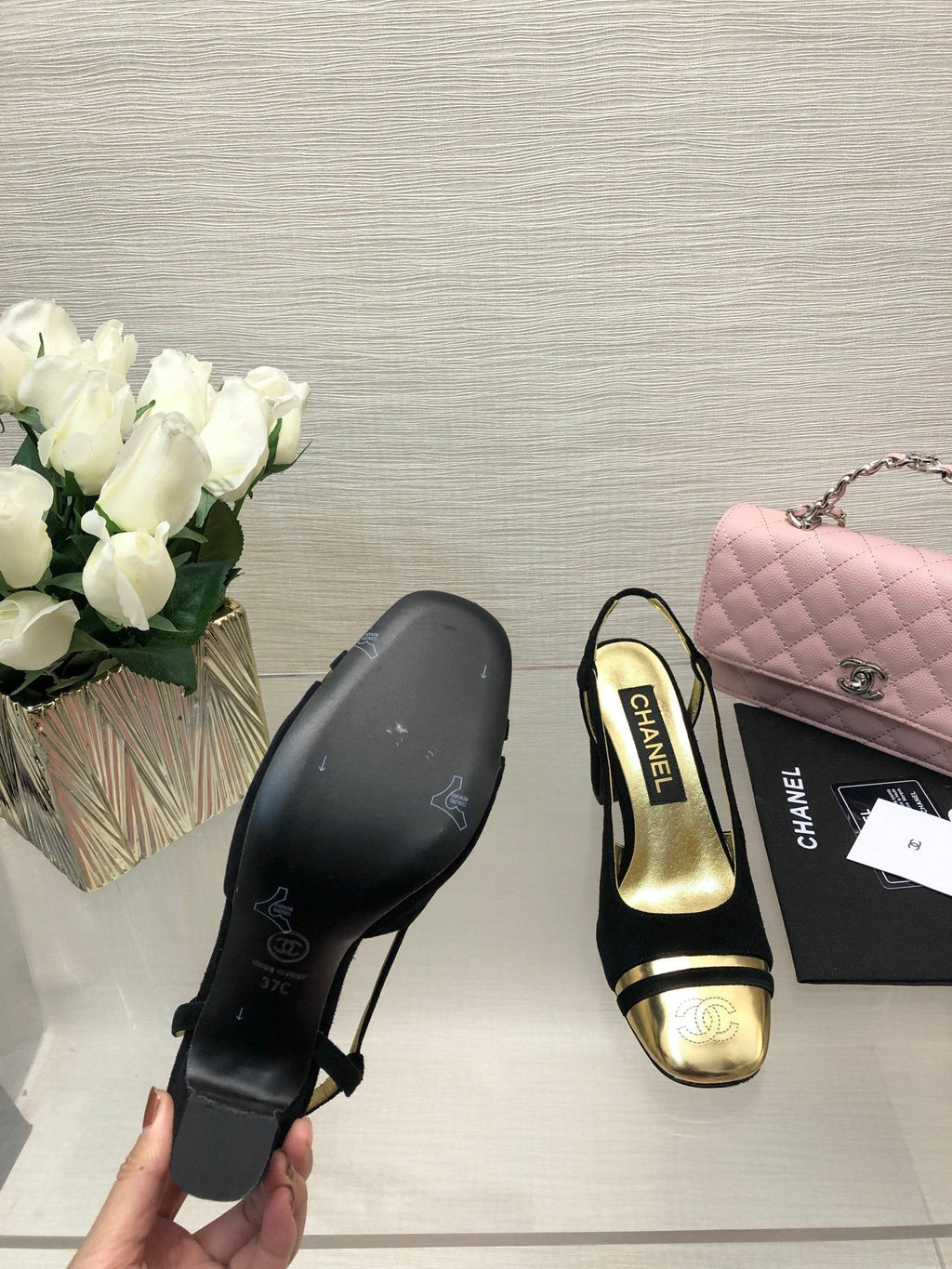 CHANEL HIGH SLINGBACKS IN BLACK SUEDE AND GOLDEN LAMBSKIN