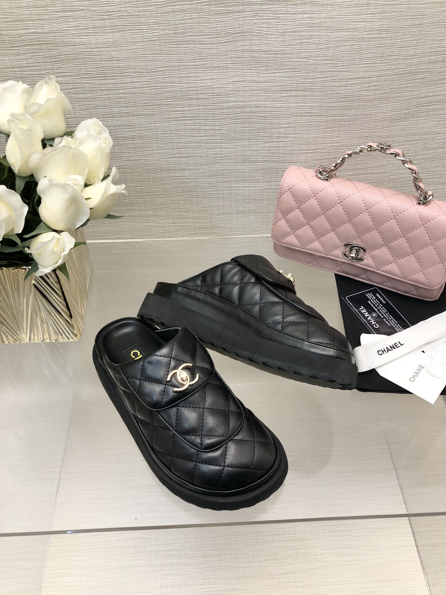 CHANEL TURNLOCK FLAP MULES BLACK LAMBSKIN