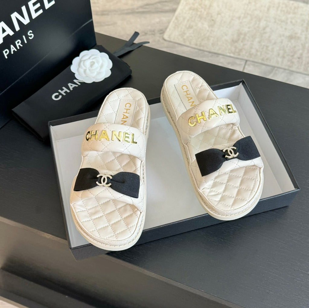 CHANEL Mule Sandals Lambskin White Black