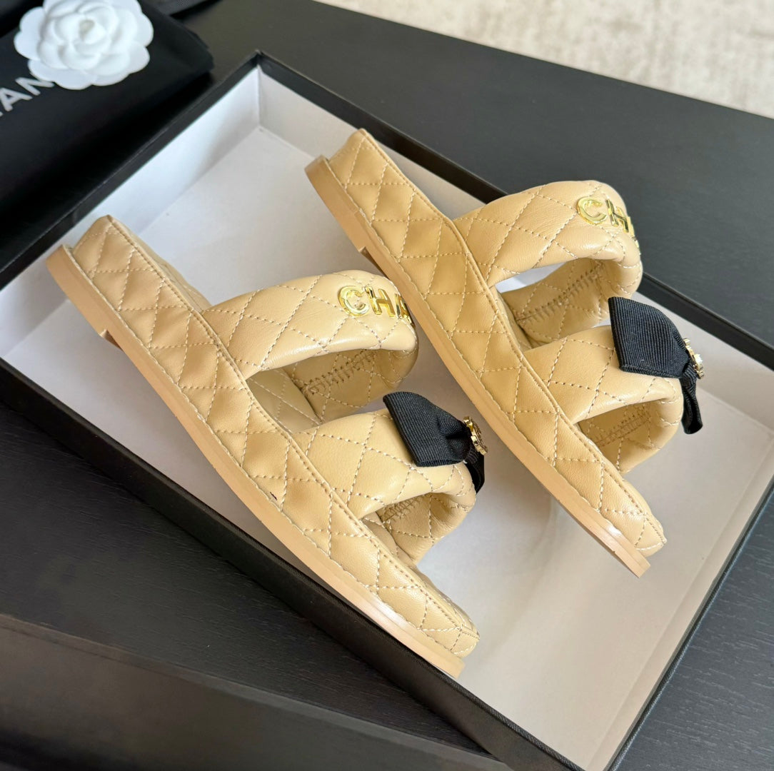 CHANEL Mule Sandals Lambskin Beige Cream