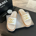 CHANEL Double C Wood Grain Platform Slippers White Wool