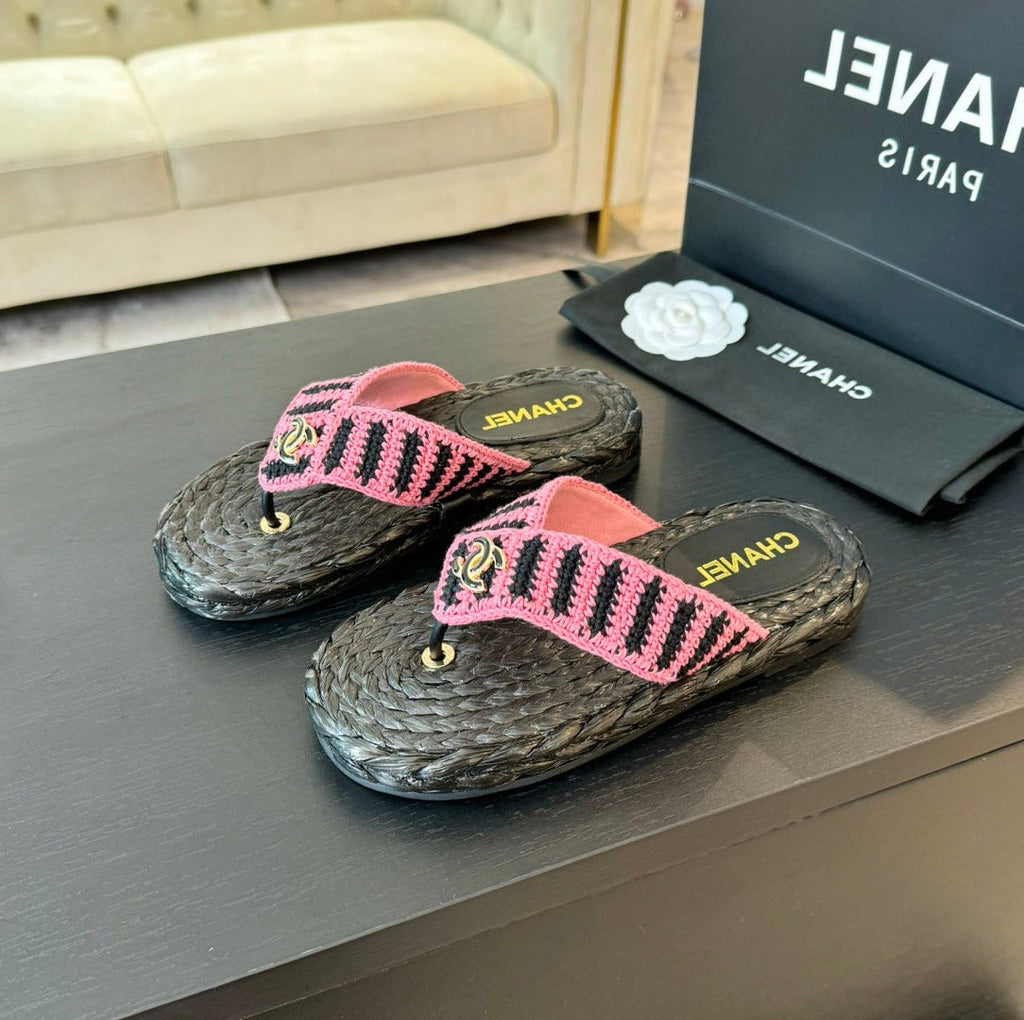 CHANEL Double C Hottest Knit Flip-Flops Black Pink