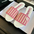 CHANEL Double C Sheepskins Knit Slippers White Pink