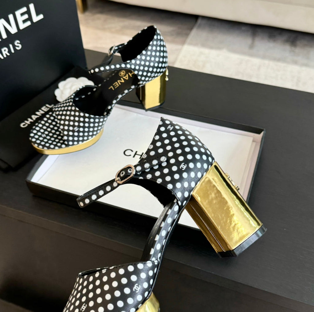 CHANEL Platform Peep-Toe Sandals Black/White Caro Lambskin