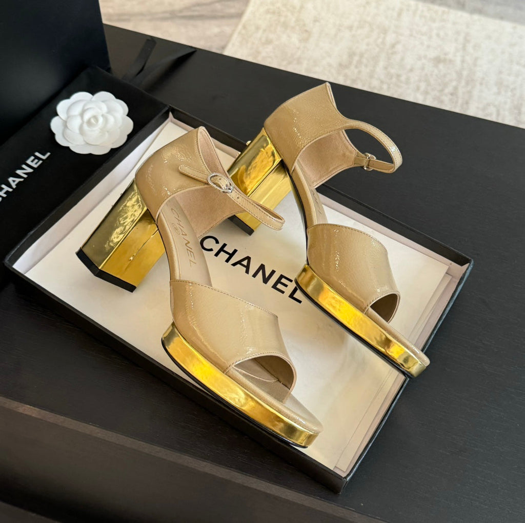 CHANEL Platform Peep-Toe Sandals Beige Cream Lambskin