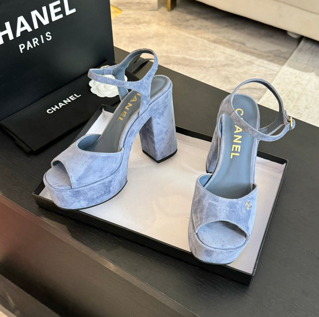 CHANEL HIGH HEEL PLATFORM SANDALS IN PIGEON BLUE SUEDE
