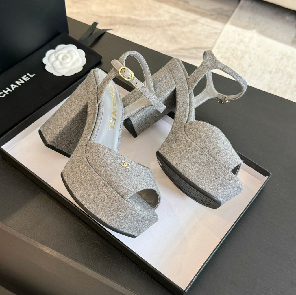 CHANEL HIGH HEEL PLATFORM SANDALS IN DOVE GRAY SUEDE