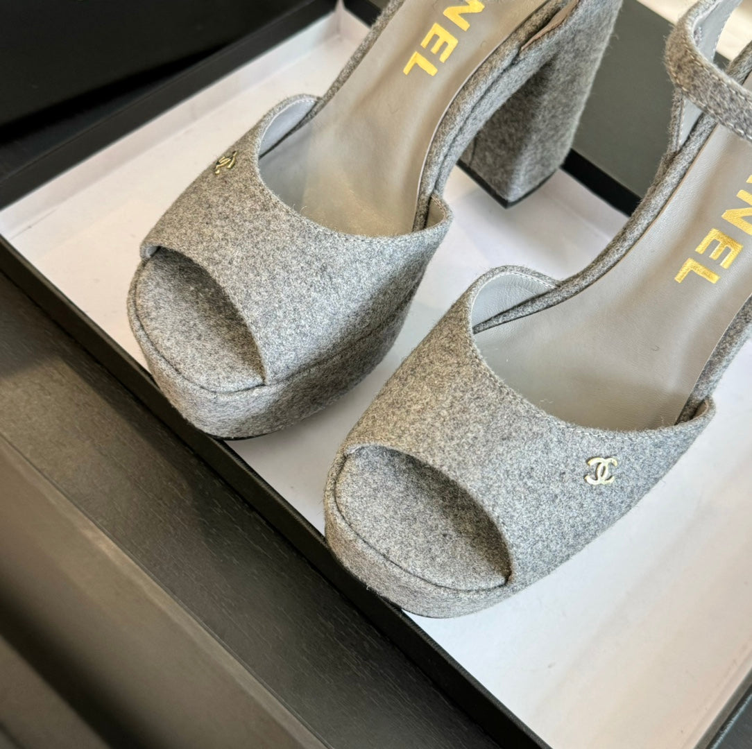 CHANEL HIGH HEEL PLATFORM SANDALS IN DOVE GRAY SUEDE